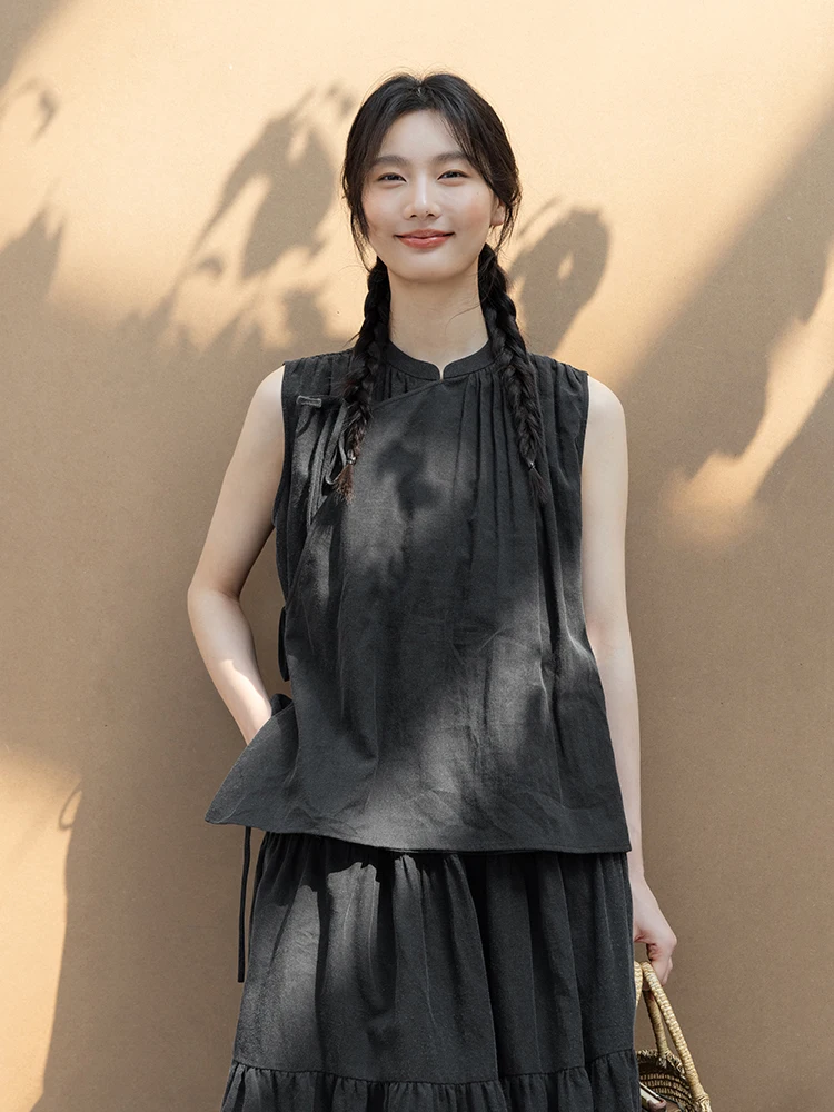 

Новая коллекция Le: 100% хлопок, окрашенный растительными красителями, с эффектом выцветания, летний топ на бретелях с поясом, женский жилет в китайском стиле