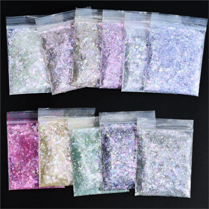 10 g/borsa Mixed Nail Glitter paillettes Chunky Love Heart Hexagon Holographic Shinning Flakes DIY Nail/face/body Decoration Paillette