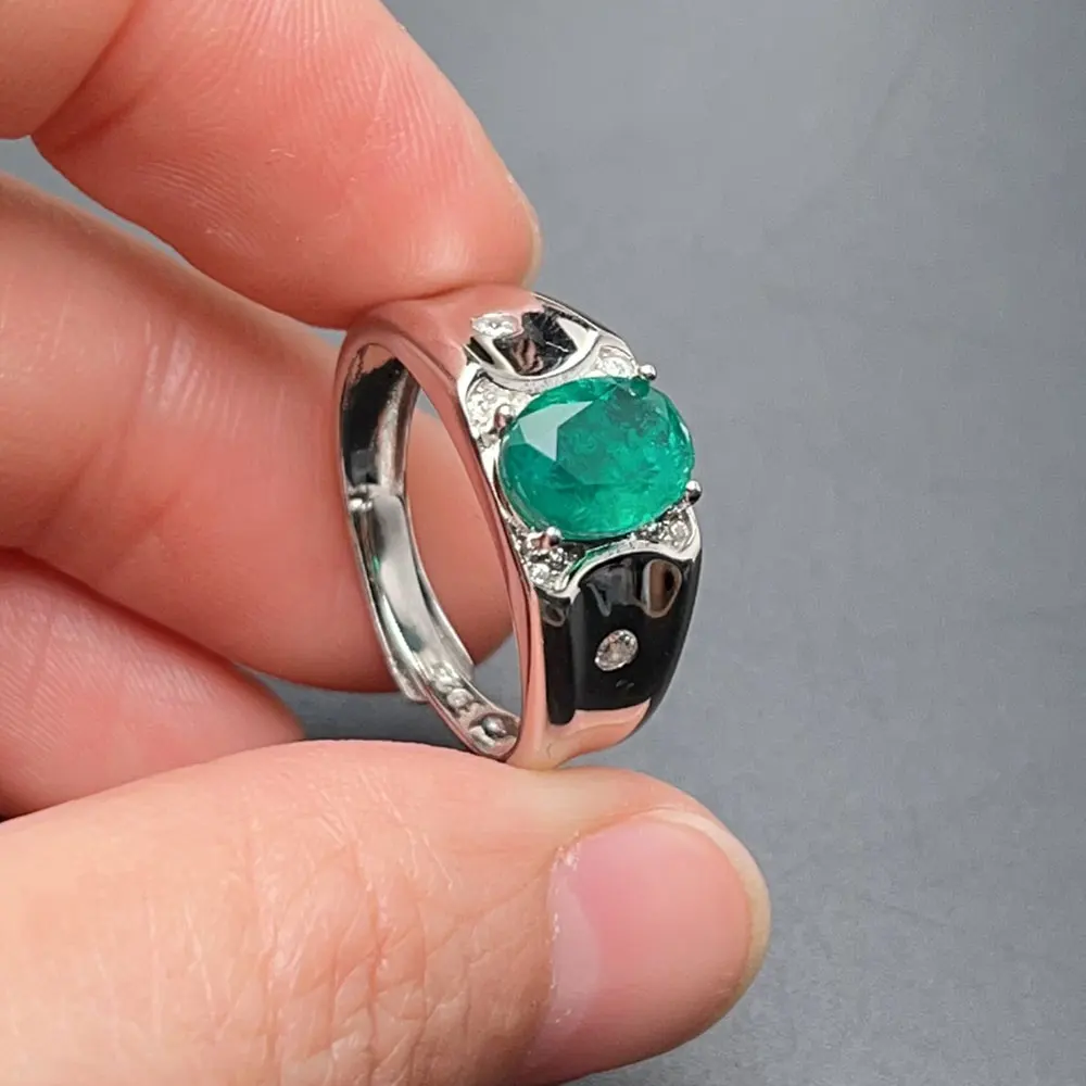 7mm*9mm Lab Created Emerald Color Crystal Ring 18K gold platedPure 925 Silver Gemstone Ring for Men
