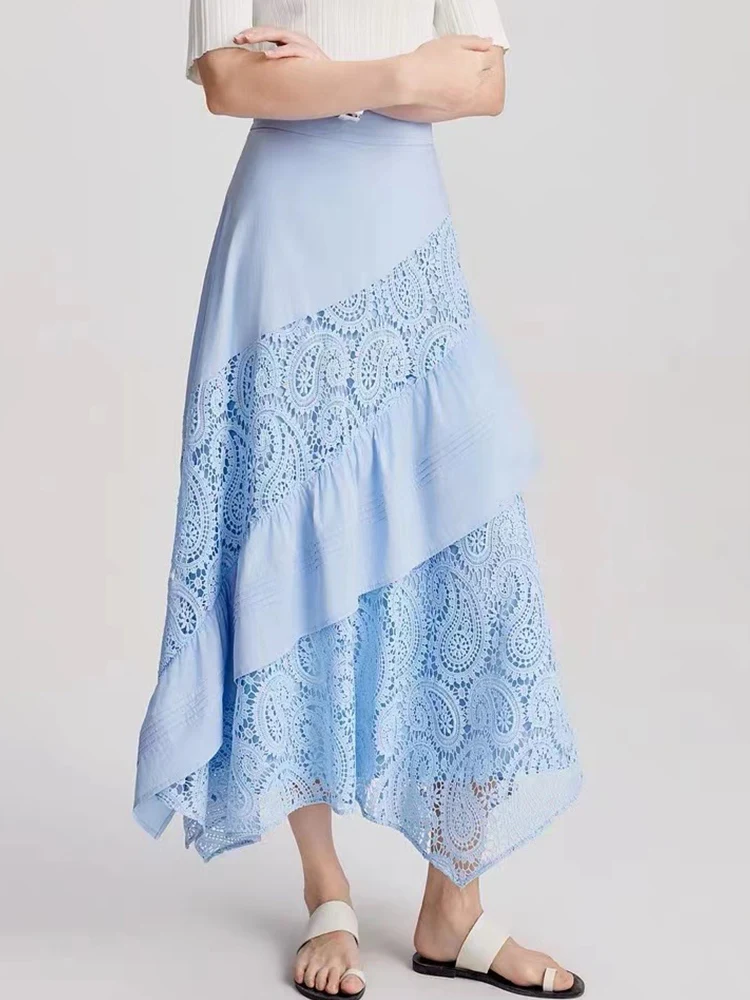 Stylish and elegant stitching lace embroidery big swing skirt women's new irregular high waist A-line skirt in summer 2024