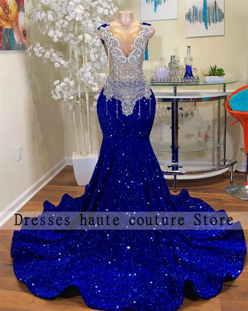 Sparkly koningsblauwe pailletten diamanten zeemeermin galajurk 2025, voor zwarte kraal kristalsteentjes verjaardagsfeestje jurk op maat