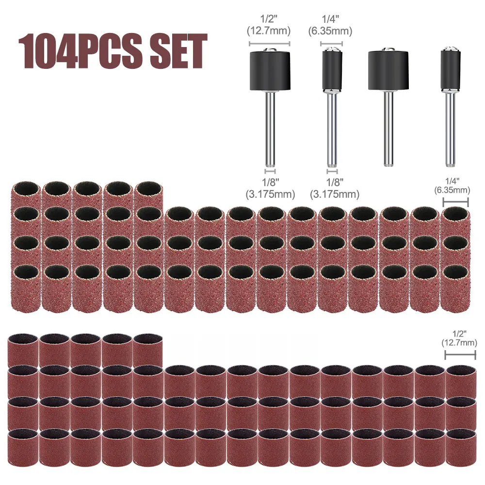 104pcs Sanding Drum Kit 80 Grit Sanding Band Sleeves 1/4 1/2 inch Sanding Mandrels For Dremel Rotary Tool Accessories