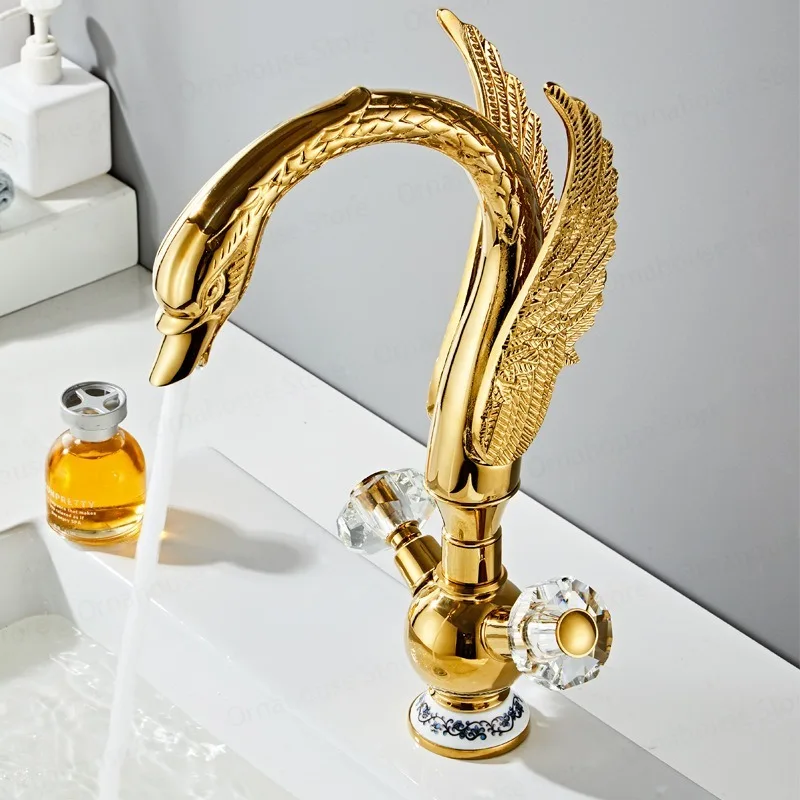 

Golden Luxury Swan Basin Faucet Deck Mounted Bathroom Faucet Hot and Cold Water Mixer Tap Bath Water Faucet Basin Taps