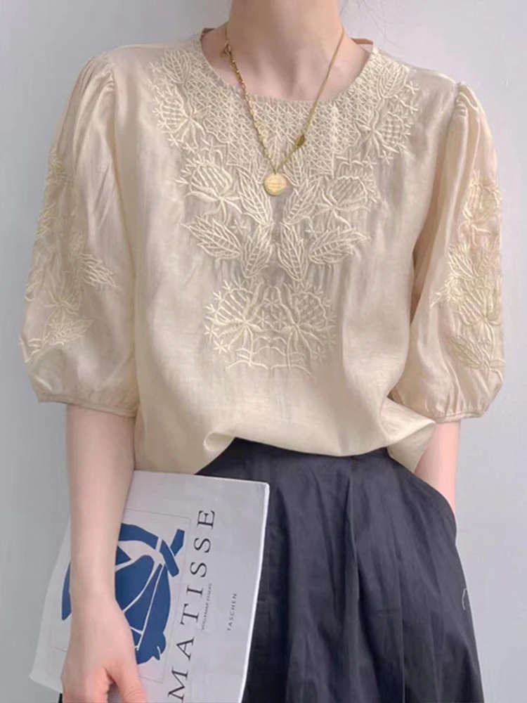 

Elegant Embroidered Chiffon Top Women's Summer Short Sleeve Shirt Bubble Sleeve round Neck Korean Style Commute Fashion