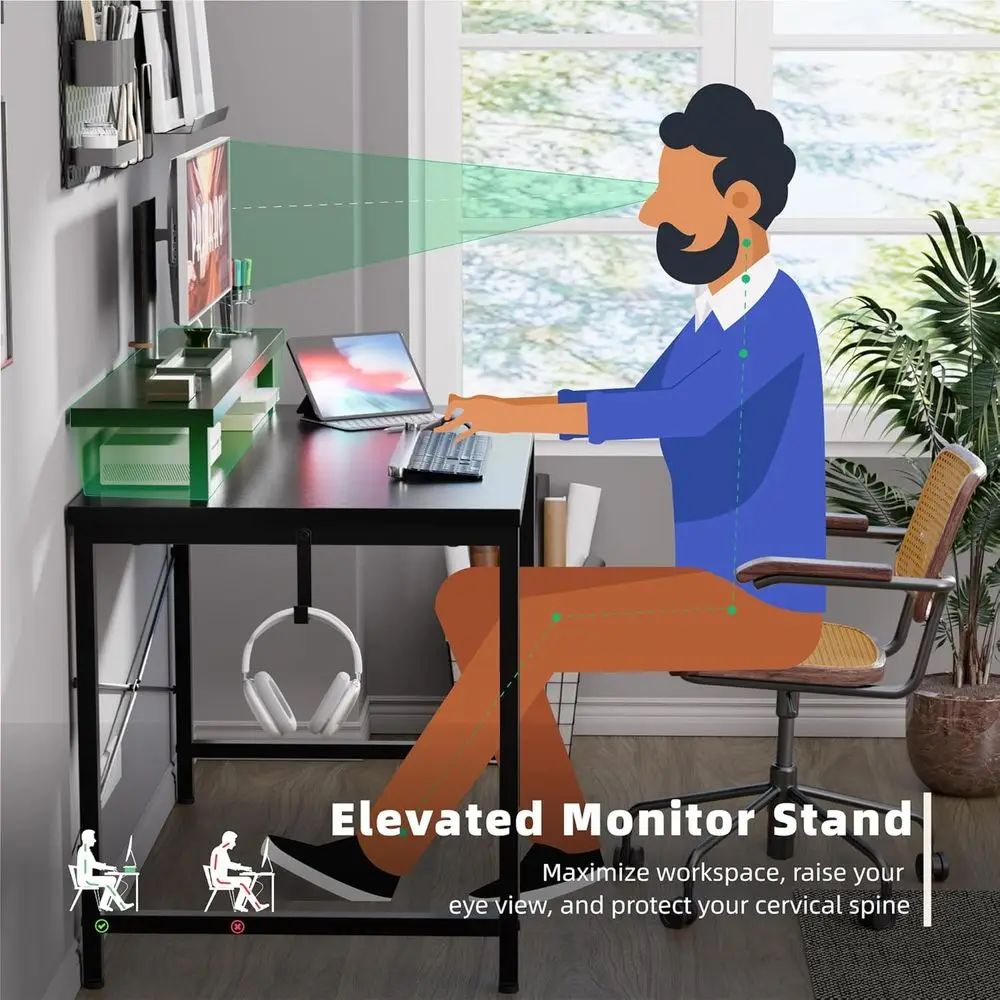 Compact 32 Computer Desk with Monitor Stand, Space-Saving Desk for Kids and Small Offices, Black