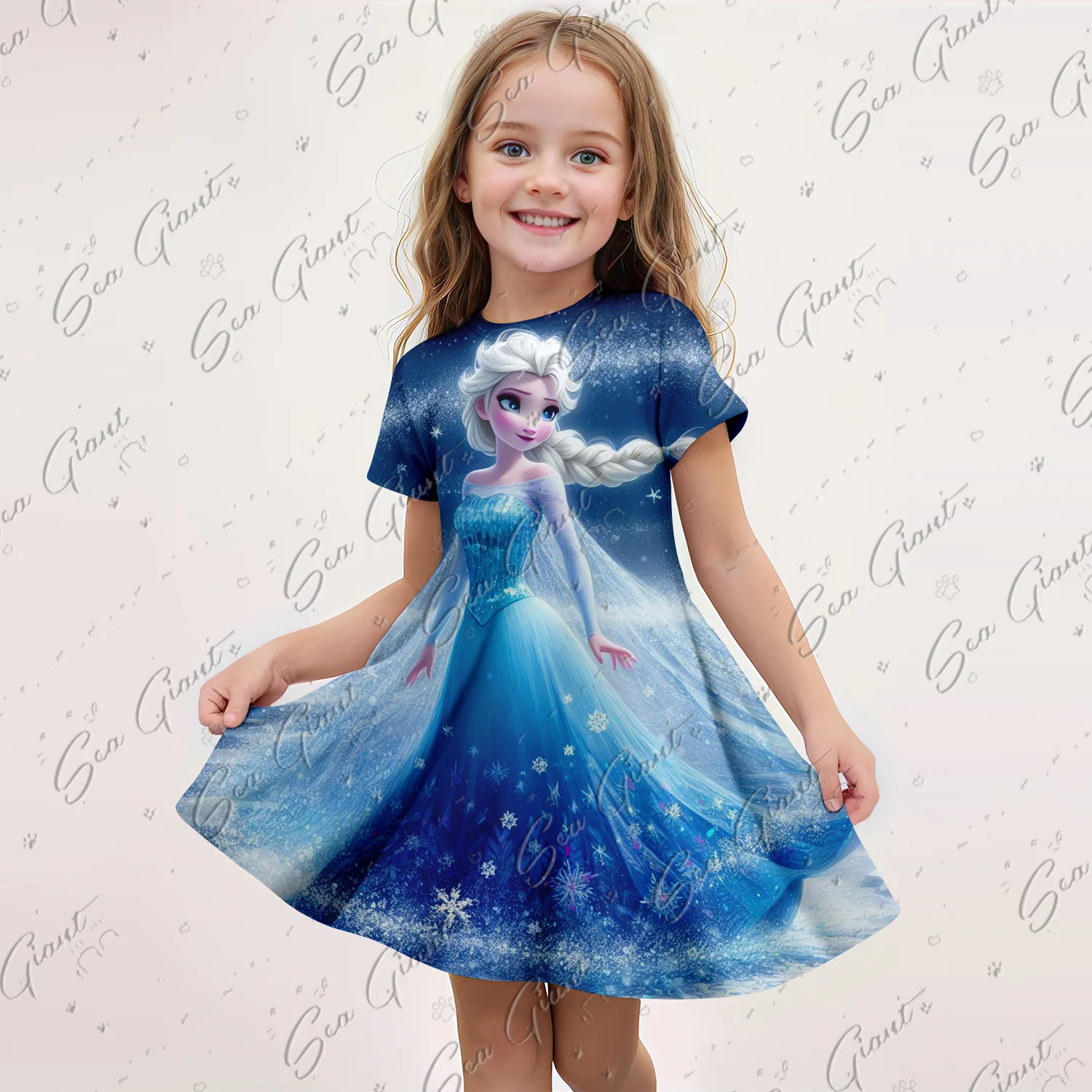 2024 MINISO New Summer Girls Queen Elsa Dress Fashion Cartoon Cute 3D Printing Dress Kid Short Sleeve Princess Frozen Clothing