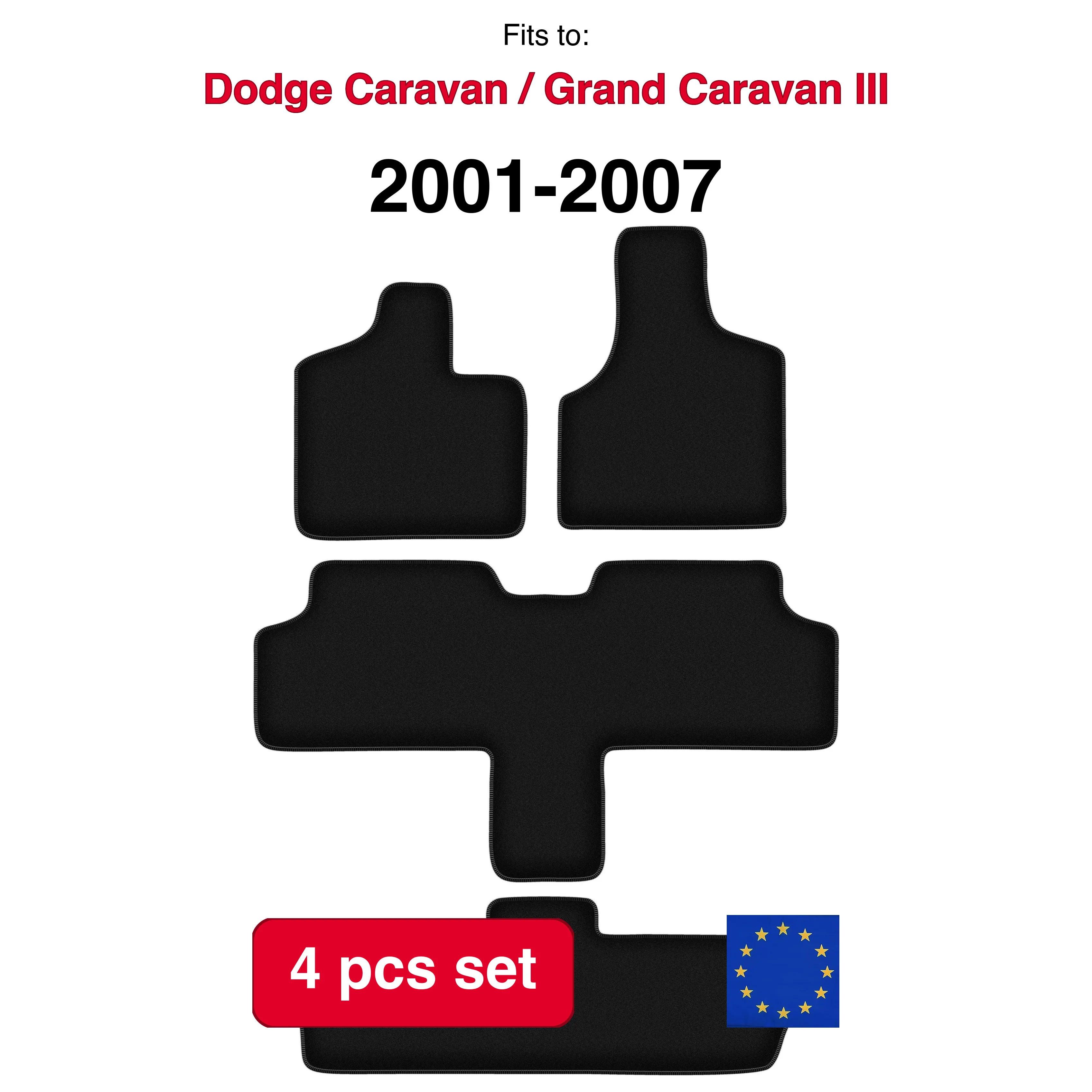 Velour tapijtenset voor Chrysler Voyager III 7 personen (2001-2007) - Zwart (4 stuks) in de auto passende automattenset