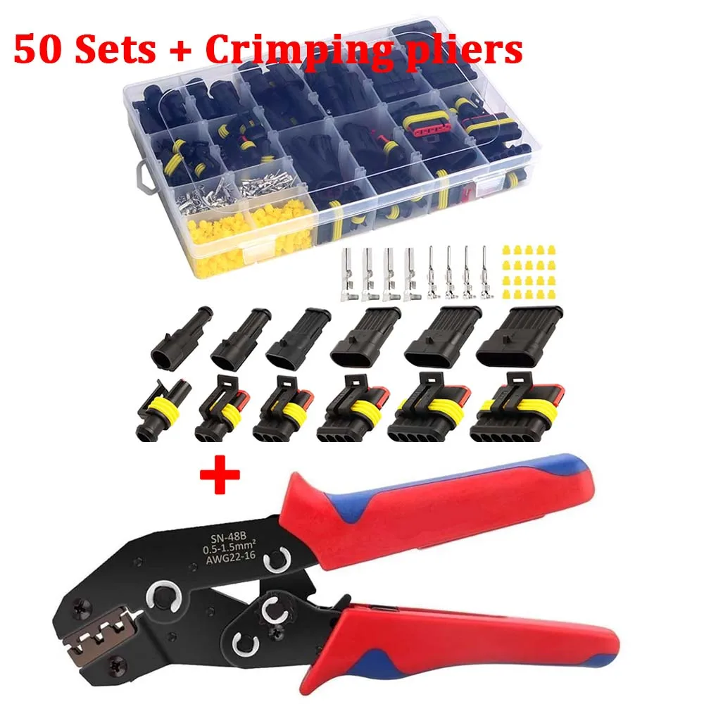 800pcs(50 Sets) Automotive Waterproof  Wire Electrical Connectors Plug Kit 1/2/3/4/5/6 Pin with Ratcheting Wire Crimper Pliers