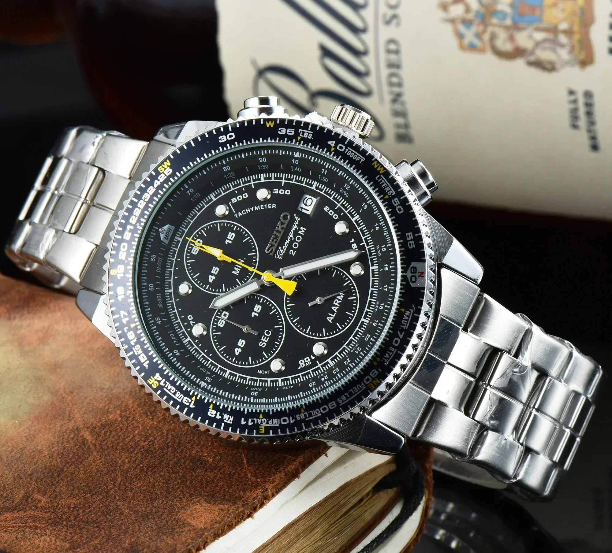 ساعة سيكو الفاخرة للرجال موضة ستانلس ستيل متعددة الوظائف كرونوغراف ثلاث عيون 6 أيدي علوية ساعة كوارتز جلدية على مدار الساعة