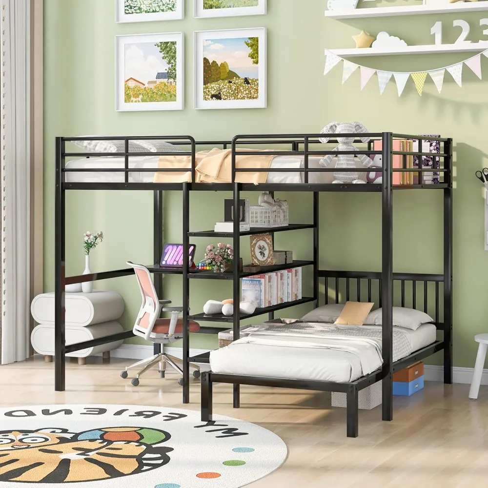 Metal Bunk Bed,Full Over Twin Bunk Beds with Built-in Desk,Shelves and Safety Ladder,for Dormitory Bedroom Boys Girls Adults