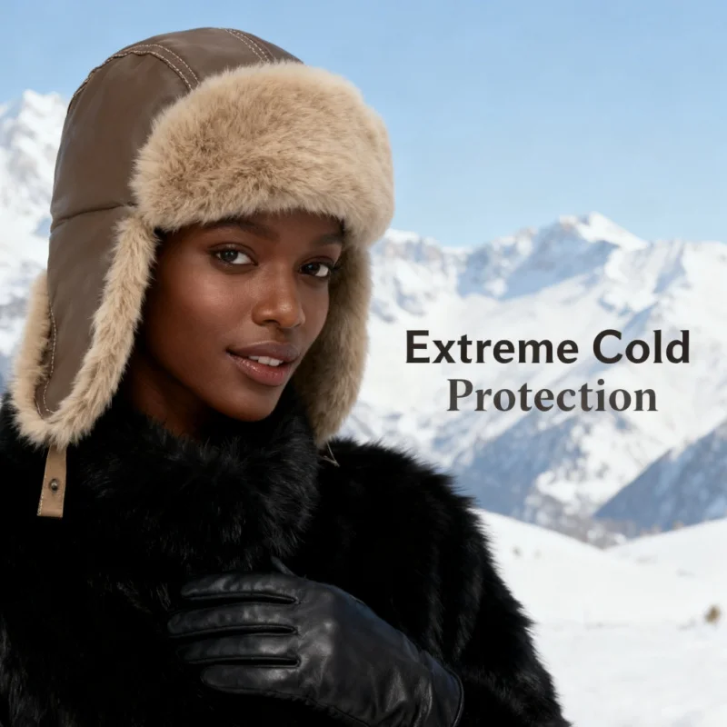 Winter Extreme Warm Pilot Hat for Men & Women PU Windproof Shell Thick Faux Rabbit Fur Lining Long Ear Flaps for Cold Weather