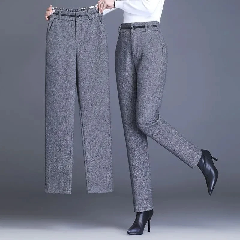 Women Woolen Harem Pants 2023Autumn Winter Elastic High Waist Casual Straight Pants Office Lady Trousers Female Suit Radish Pant