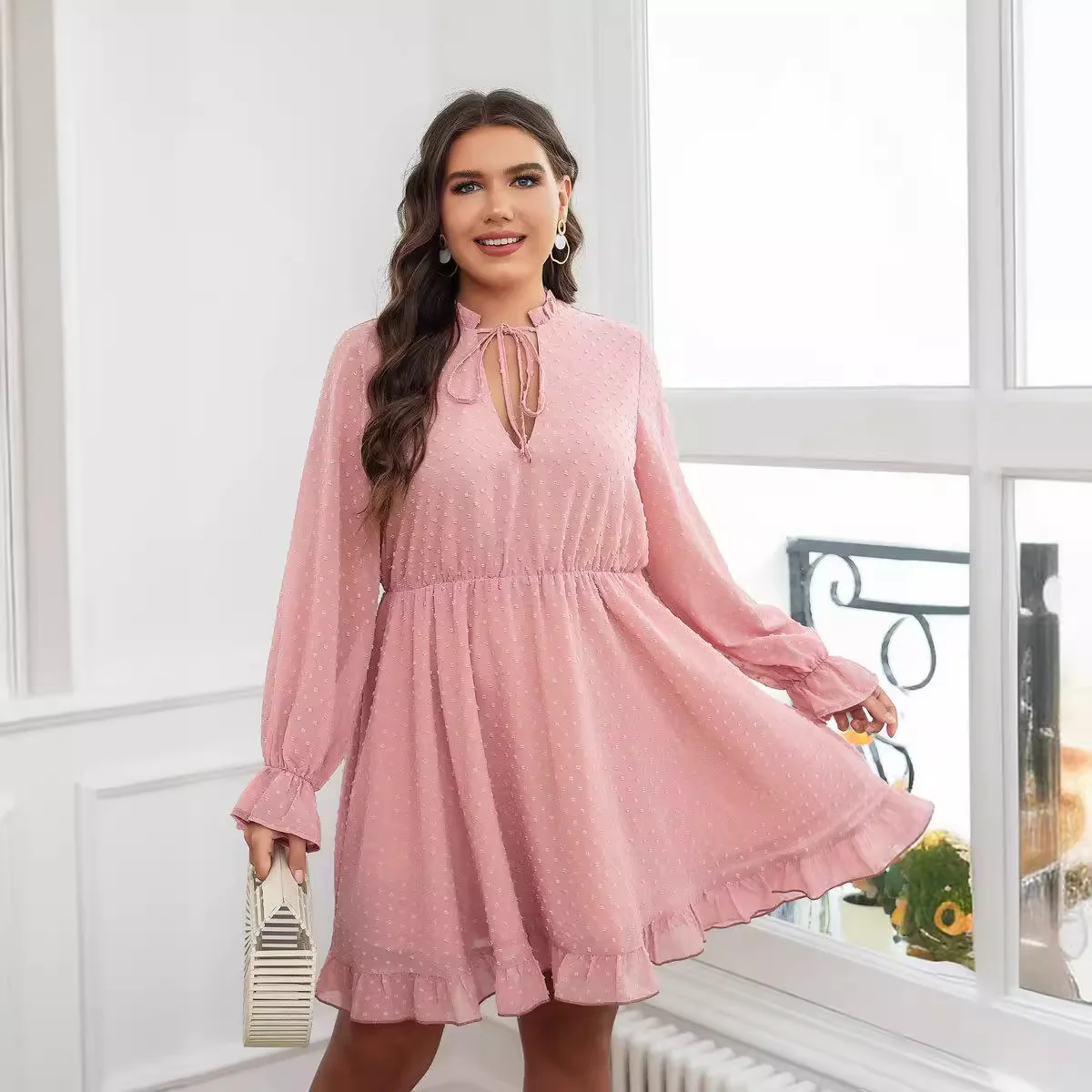 Plus Size Women's Pink Solid Dress Fashion V Neck Loose Dress Long Sleeve Oversized Clothing Knee Length High Waist