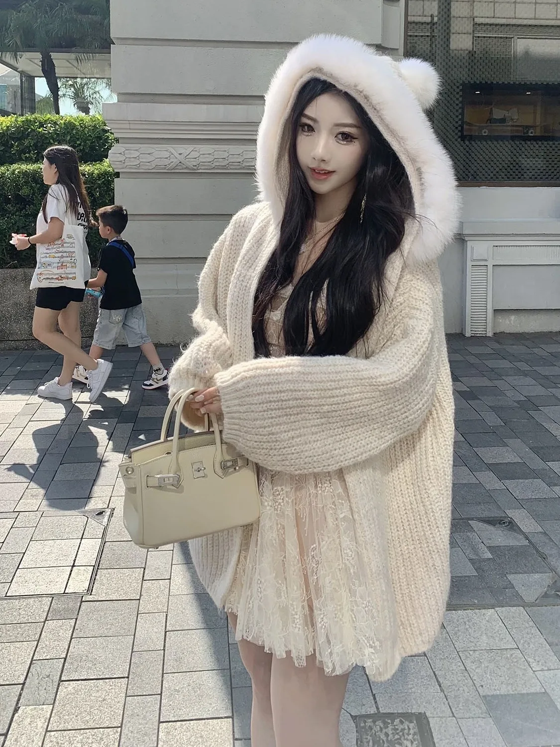 

Winter Aosphere Loose Fit Slimming Versatile Faionable Hooded Knitted Cardigan Women's Faion High-End Feel Fur Simu...