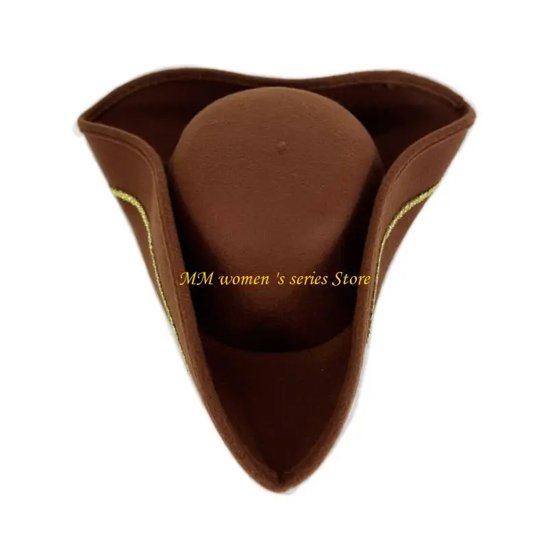 Q39C Victorian Piratenhut mit goldgenähtem Weichstätten Tricorn für Kostümpartys Vintage Adult Kostümzubehör