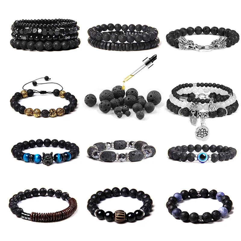 Natural Black Lava Volcanic Stone Bracelet Beaded Essential Oil Diffuser Elastic Stretch Religion Bracelets Bangle for Women Men