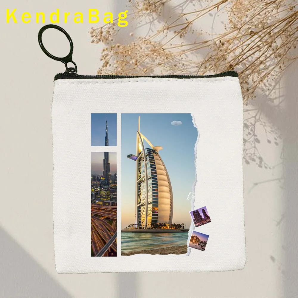 UAE Burj Khalifa Dubai United Arab Emirates Print Cute Key Coin Purse Canvas Bags Pouch Cotton Bag Wallet Zipper Gifts Card Bags