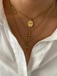 Peri'sbox Waterproof stainless steel bead disc cross pendant necklace simple metal chain Beads women's fashion jewelry gifts