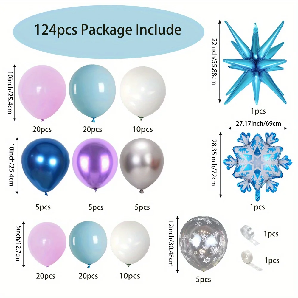 124PCS Ice and Snow Themed Balloon Arch Set Large Snow Foil Balloon for Birthday Anniversary Winter Celebration Decoration Set