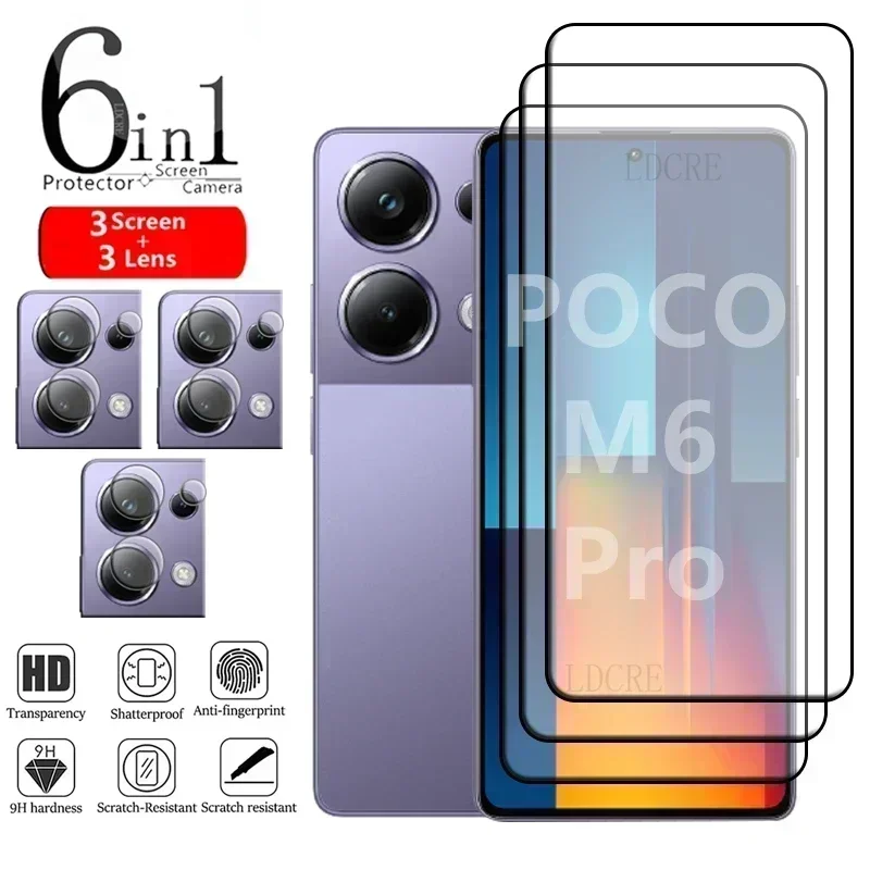 6-in-1 For Xiaomi Poco M6 Pro Glass For Poco M6 Pro Glass Full Cover Glue 9H HD Film Screen Protector For Poco M6 Pro Lens Glass