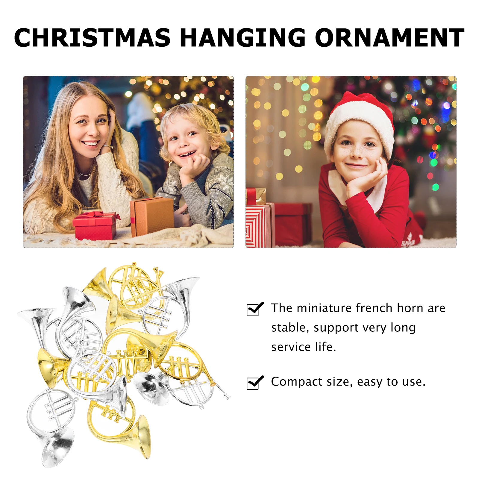 

12 шт. компактных подвесок в виде французского рожка, легкий декор для инструментов, украшение для праздничного декора, поделок и новогодней елки