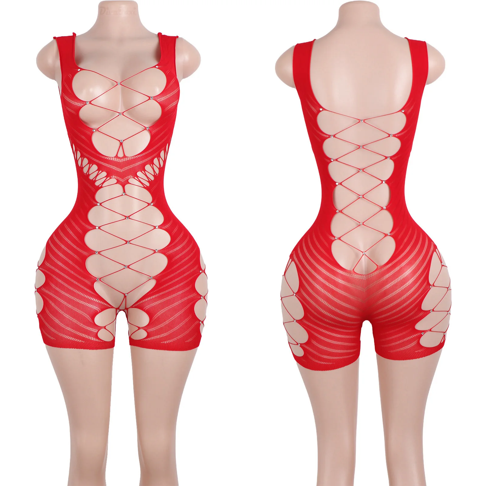 

Exotic Red Lace Sleeveless Stage Performance Dancewear Mesh Shorts Set Dancer Pole Dance Bodysuit Crystal Diamond Girl Outfits