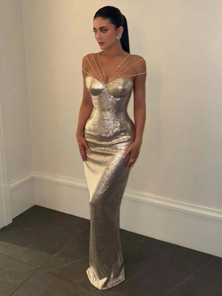 

Sexy Diamonds Chain Straps Shiny Sequins Long Dress Women Sliver Sequined Sleeveless Backless Slim Dresses Evening Party Gowns