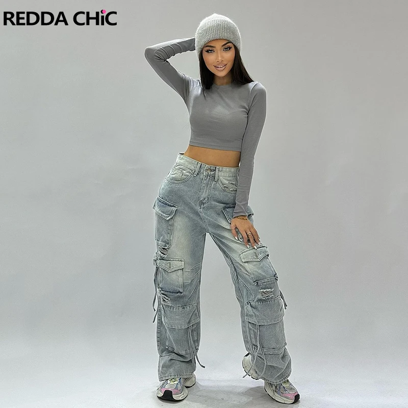 

ReddaChic Big Pockets Destroyed Cargo Jeans for Women 90s Retro Hiphop Wide Leg Y2k Pants Boyfriend Baggy Jeans Casual Work Wear