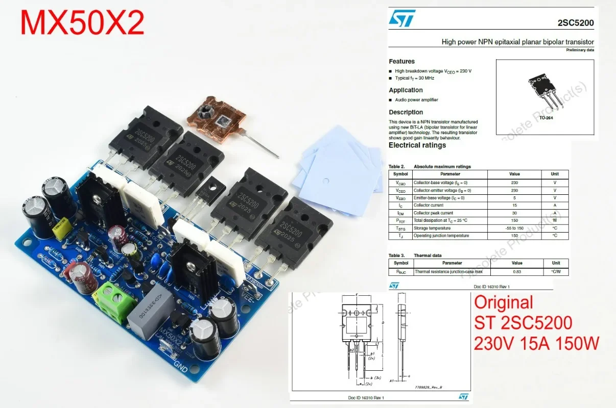 2pcs MX50X2 Single-ended Power Amplifier Stereo Channel 200W8R 2SC5200 /2SD718/NJW0281G Audio Amplifier