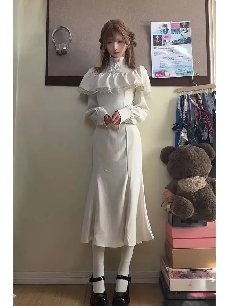 

Gothic Style Sweet Summer White Cape Waist Cinched Slimming Fish Tail Dress Long Sleeve Spicy Girl Punk Long Dresses for Women