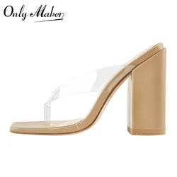 Onlymaker Women Summer Sandals Clear Open Split Toe Mules Chunky High Heel Concise Fashion Slip-On  Large Size Ladies Shoes