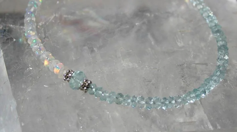 Opal Bracelet with Moonstone and Aquamarine, Moonstone Bracelet, Aquamarine Bracelet, June Birthstone, Dainty Gemstone Beaded