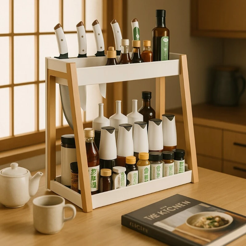 

Walnut Multi-Layer Kitchen Storage Rack Spice Organizer Water-Resistant Moisture-Proof Knife Holder for Home Organization