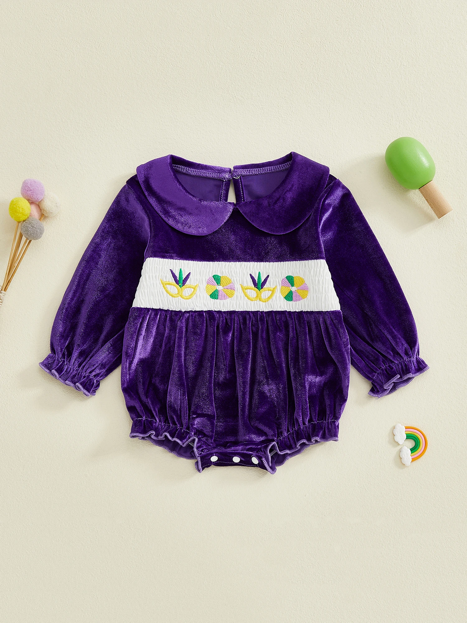 

Infant Girl Velvet Romper with Embroidered Facewear and Doll Collar Long Sleeve Jumpsuit for Carnival Fun