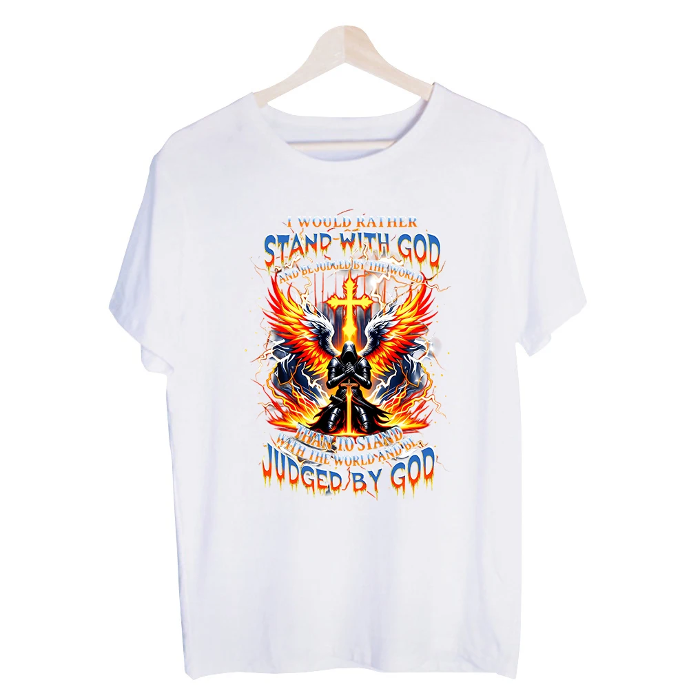Men's Cross with Angel Wings and Flame Graphic Tee, Short Sleeve Crew Neck T-Shirt for Casual Daily Wear
