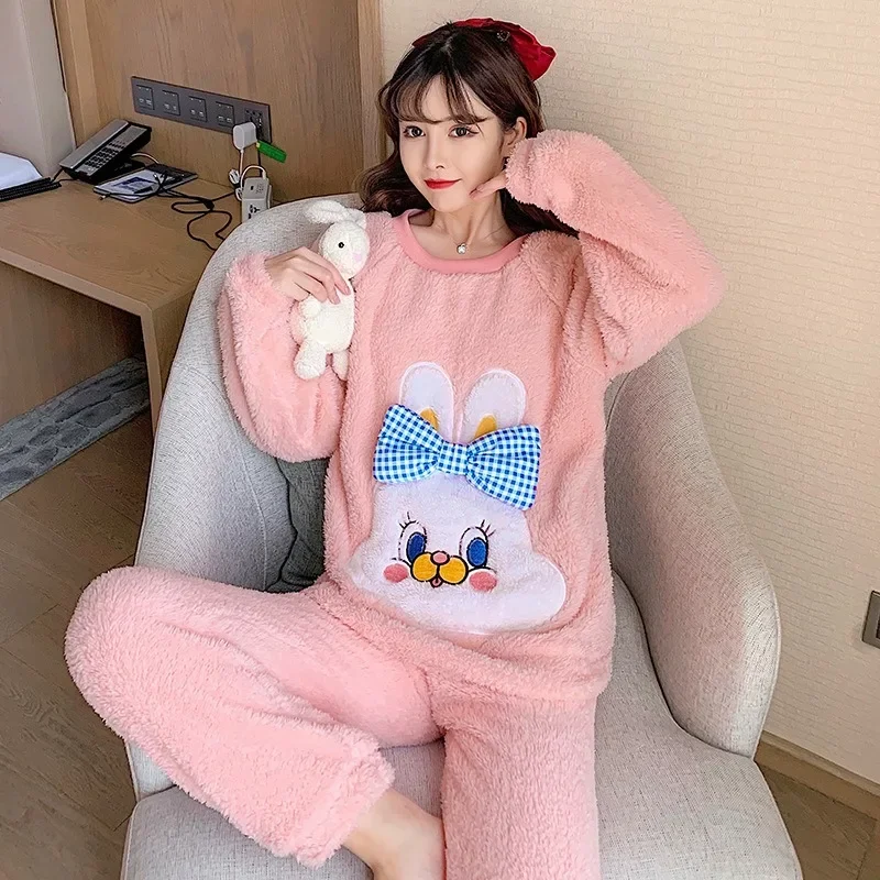 100KG 5XL Plus Size Winter Loungewear Women\'s Coral Fleece Thick Loose Pajamas Can Be Worn Outside Students Velvet Home Suit