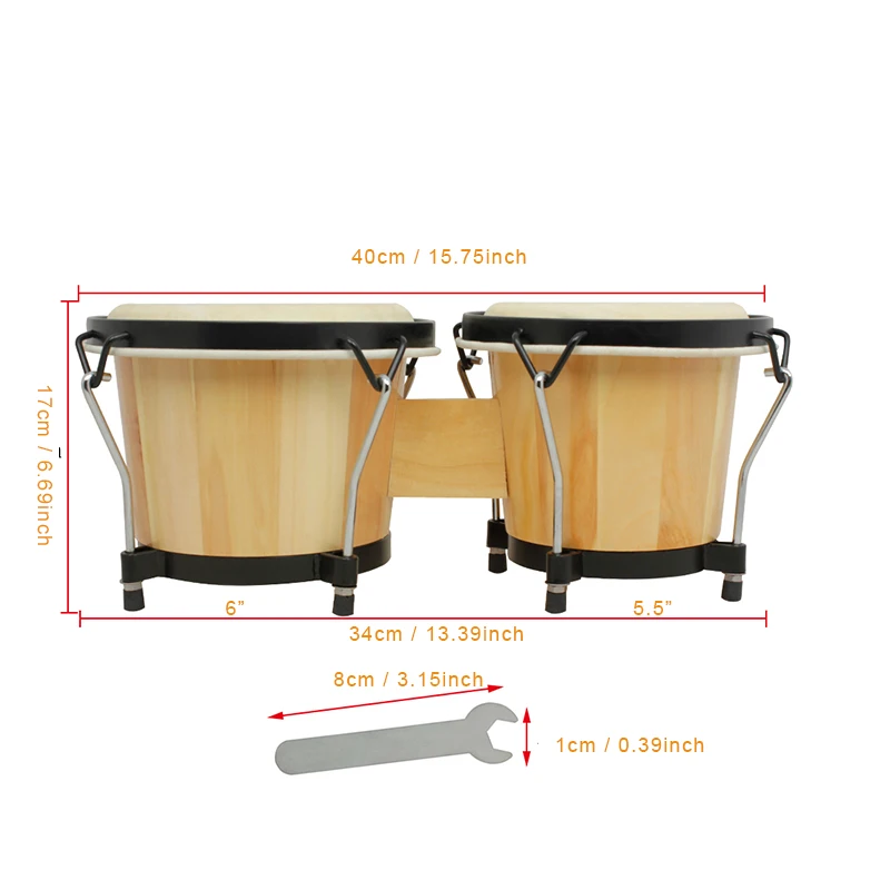 5.5+6 Inch Tunable Wooden Bongo Drum Set With Tuning Wrench Hand Percussion Instrument for Kids Beginners Music Teaching