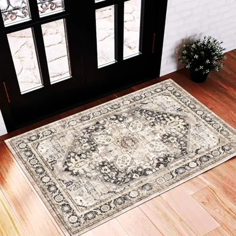 

2'x3' BlackPurple Khaki Area Rug Washable Door Mat Distred Doormat Indoor Entrance Traditional Thin Floral Print Non Slip Carp