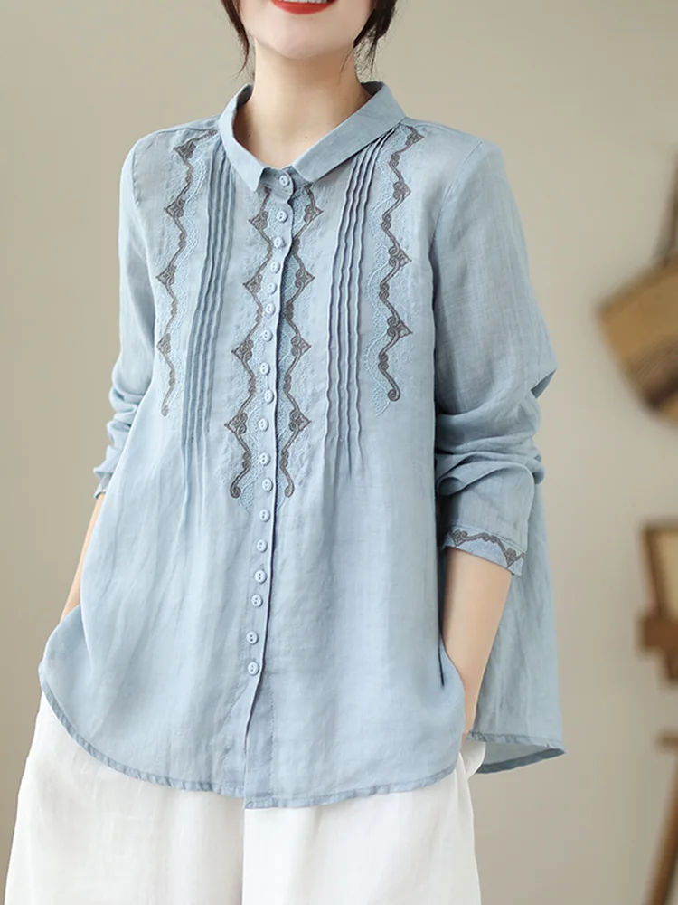 Ele المطرزة القطن الكتان irt طويلة Sve عارضة الياقة فضفاضة تناسب السيدات تخفيف Sle الصيف Faion الأعلى #1