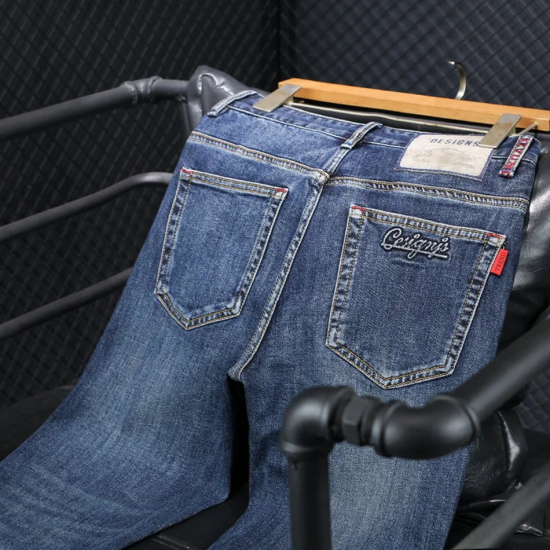 2024 New Retro Trendy Blue Jeans Men's High-End Washed Letter Printing Slim-Fitting Small Straight Long Pants