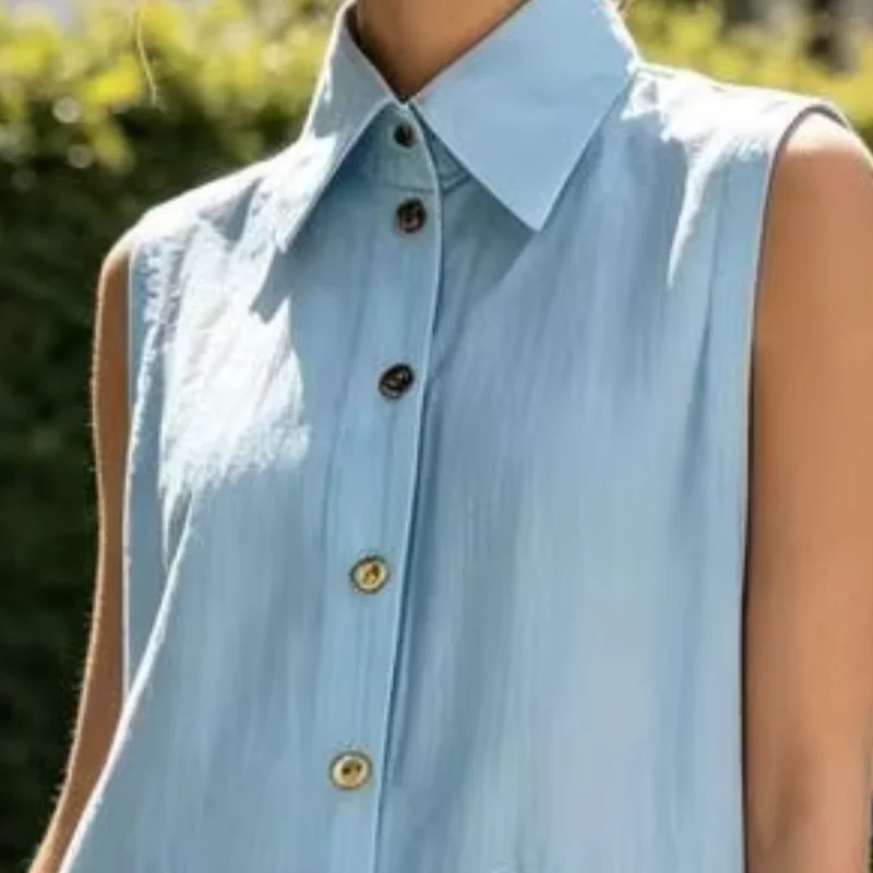 

A-line Silhouette Dress Button Down Sleeveless Simple Style Dress Casual Tunic Beach Sundress with Pockets