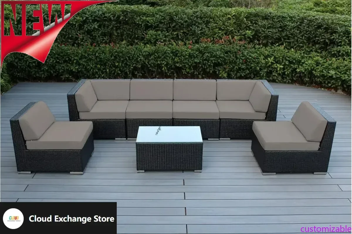 

Настраиваемый набор секционных мебели для патио из 7 предметов, черная плетеная мебель с подушками Sunbrella Taupe — без сборки