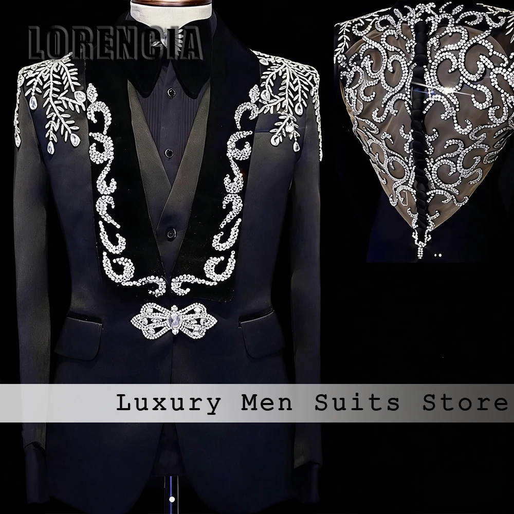 

Classic Diamond Male Suits 3 Pieces Single Breasted Tuxedos Set Evening Party Outfits Customized Blazer Pants Vest ropa hombre