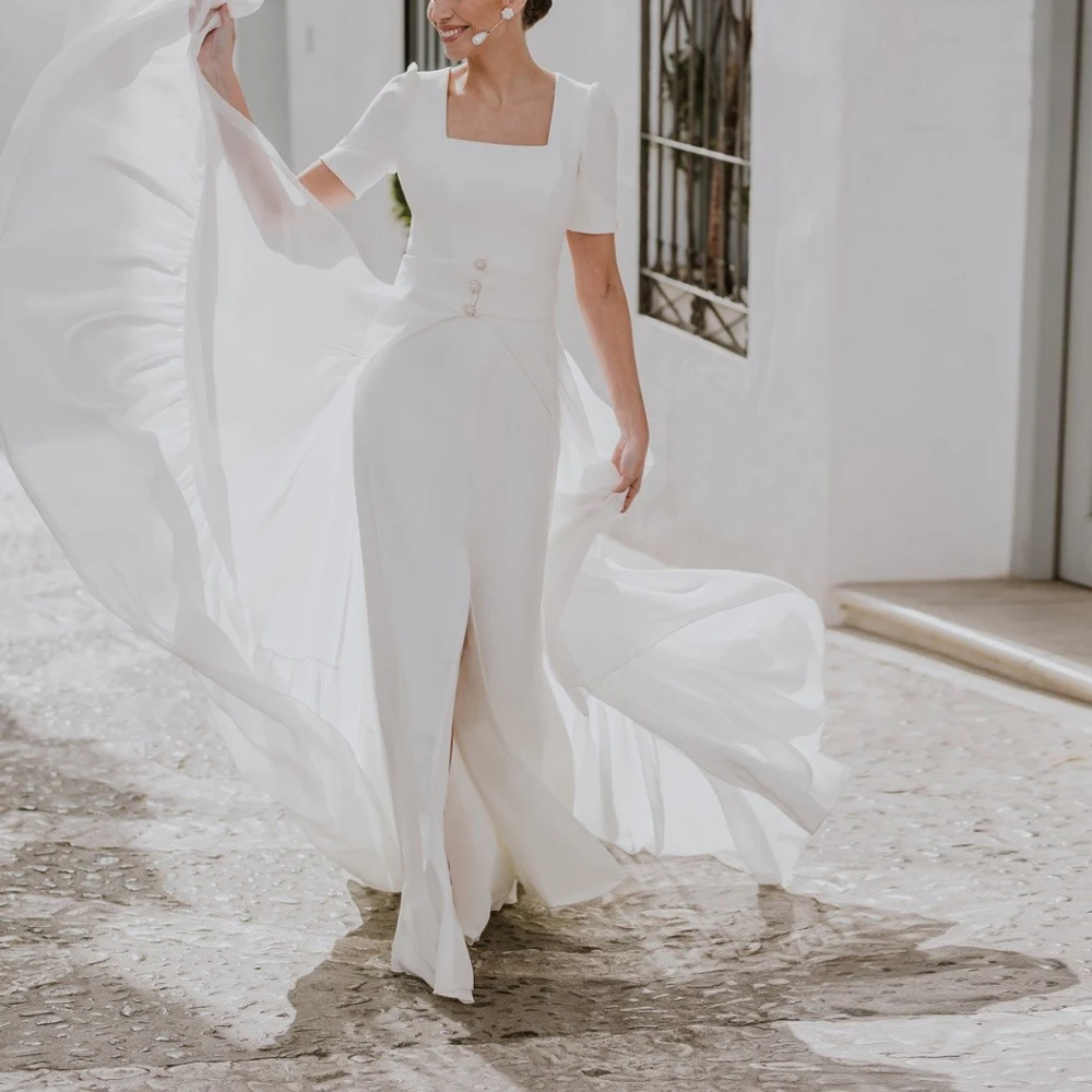 Customized Elegant Square Neck Short Sleeve Wedding Dress with Detachable Train Front Split Mermaid Vestidos de novia