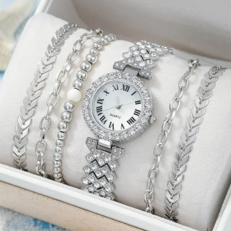 Fashion Luxury Full Crystal 5 Pcs Watch Necklace Earrings Ring Set for Women Rhinestone Wristwatch Female Bracelet Set Gift