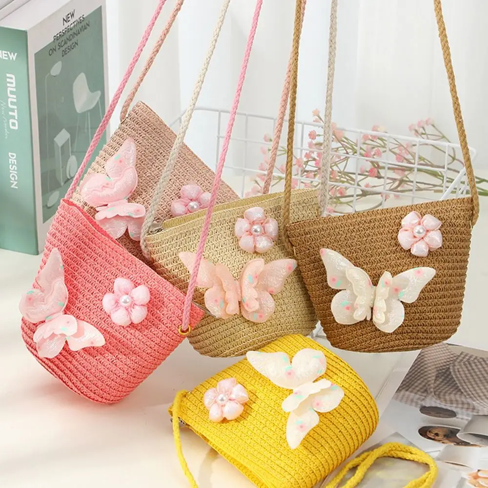 Fashion Handmade Straw Bag Shell Shape Butterfly Flower Crossbody Bag Woven Shoulder Bag Children Girls