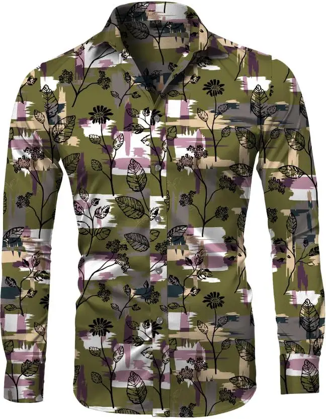 Fashion Irregular Plaid Flower Print Men\'s Long Sleeve Shirt Casual Party Street Hawaiian Polo Collar Shirt