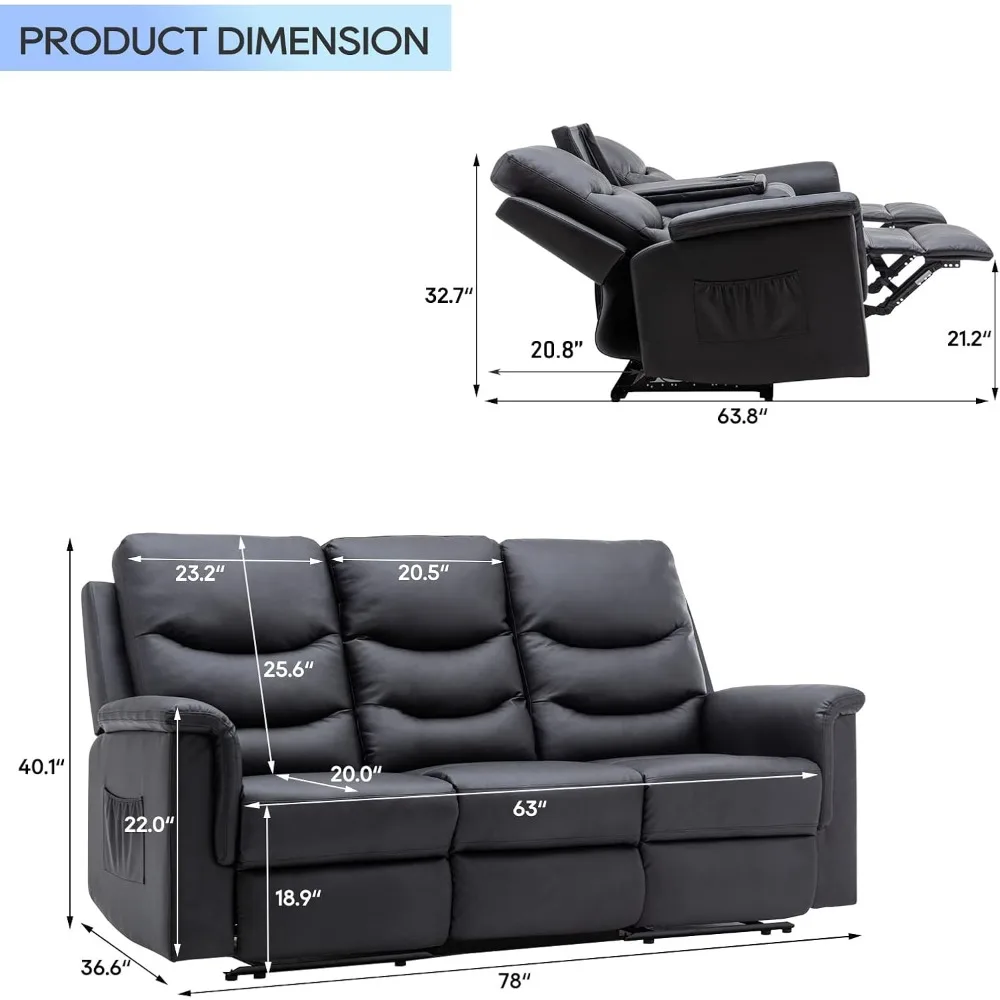 Faux Leather Reclining Sofa, Wall Hugger Sofa Recliners, Recliner Sofa 3 Seater with Flipped Middle Backrest/Cup Holder