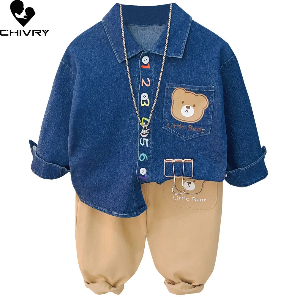 New 2023 Kids Baby Spring Autumn Cartoon Bear Letter Lapel Long Sleeve Denim Shirt Tops with Pants Boys Fashion Clothing Sets