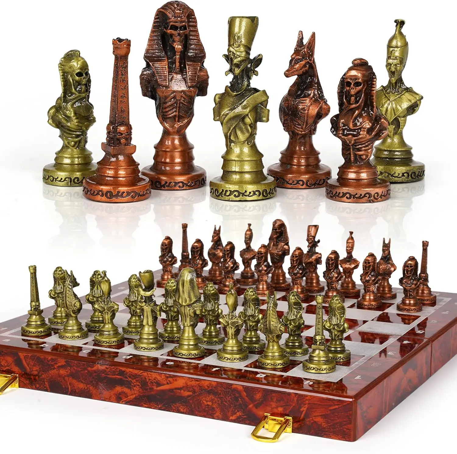 

Egyptian Metal Chess Set 15 Inch Foldable Wooden Board Weighted Pieces